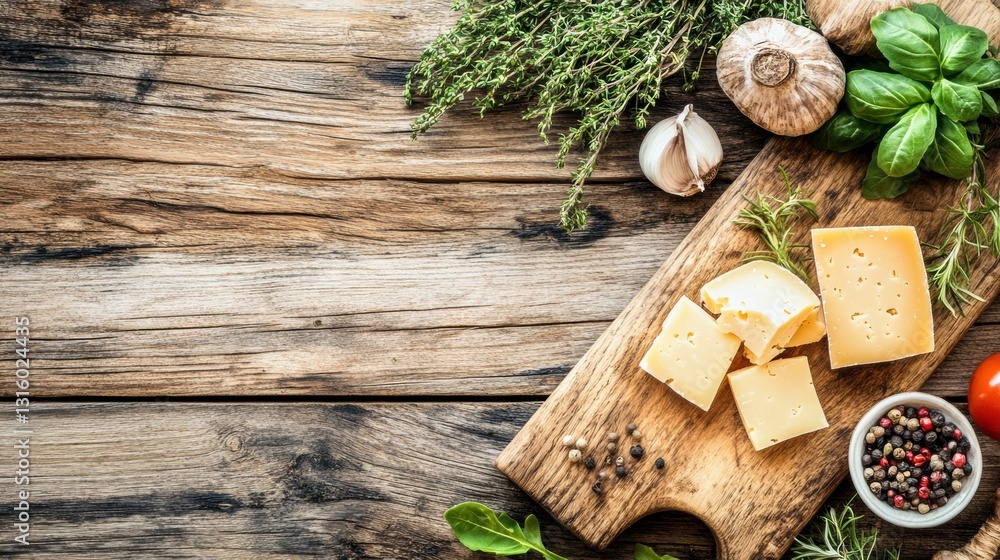 Fresh Herbs and Cheese on Rustic Wooden Cutting Board Background Fresh Herbs and Cheese on Rustic Wooden Cutting Board Background