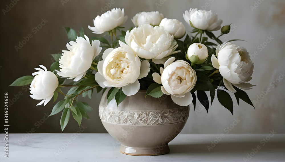 Elegant White Peony Arrangement in Soft Beige Vase on Marble Surface Elegant White Peony Arrangement in Soft Beige Vase on Marble Surface