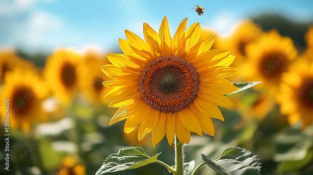 Fototapeta premium A sunny meadow filled with blooming sunflowers and buzzing bees in motion