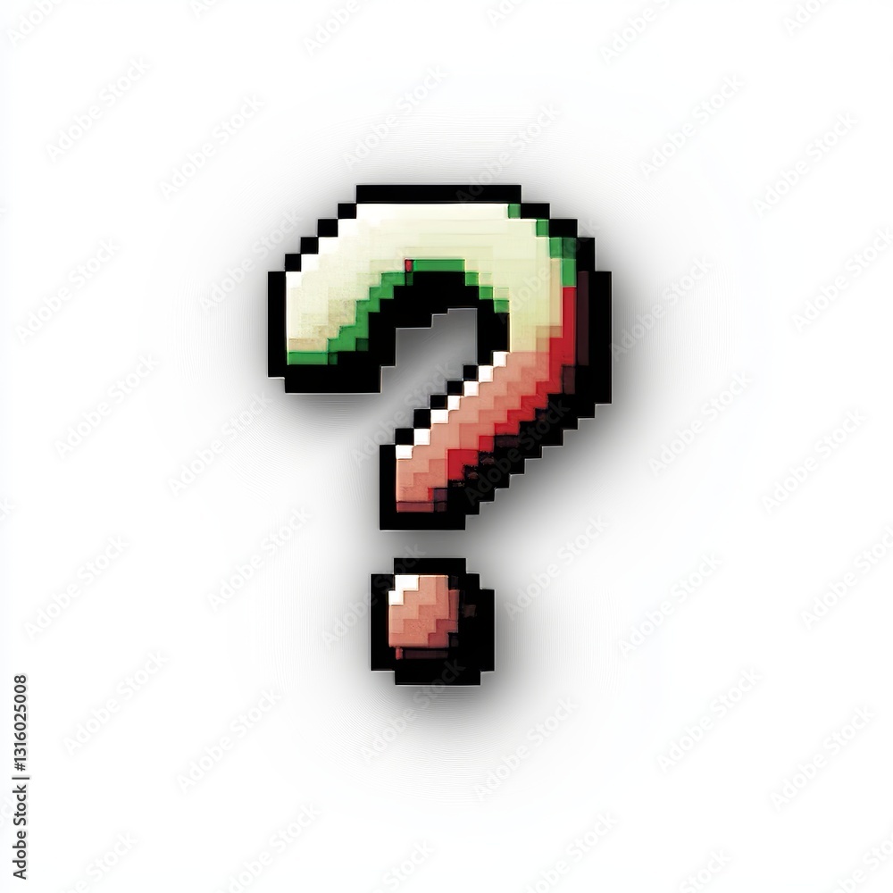 Fototapeta premium A pixelated FAQ graphic element illustration is represented by an isolated 8-bit pixel art question mark symbol in a retro gaming help icon design