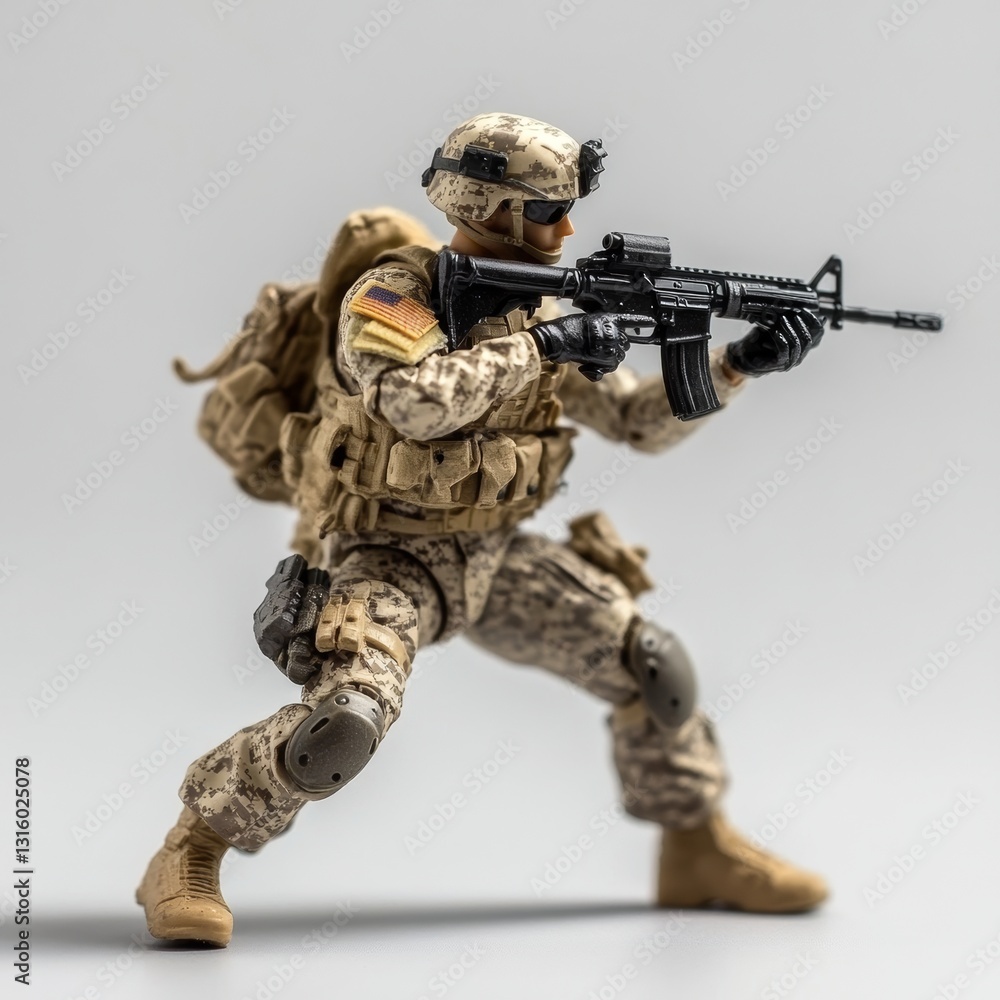 Classic army miniature model with detailed uniform, part of a retro military figurine collection, is presented in an isolated design of a vintage plastic toy soldier