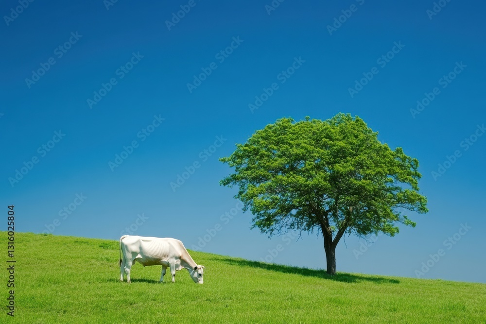Fototapeta premium A serene cow feeding in a calm pasture under a bright azure sky
