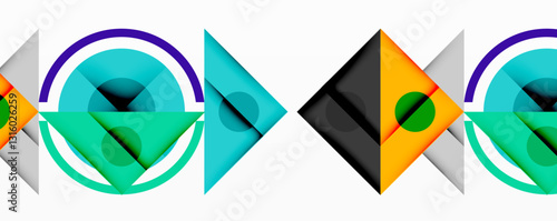 Geometric abstract design with layered triangles, circles, and gradients, forming a structured pattern with sharp contrasts and depth