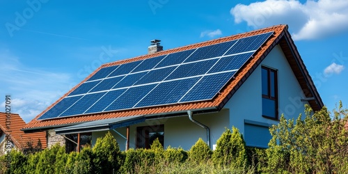 A modern house featuring solar panels on its roof against a backdrop of a clear blue sky dotted with fluffy clouds. This image highlights renewable energy and sustainable living.