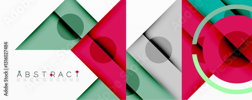 Geometric abstract design with layered triangles, circles, and gradients, forming a structured pattern with sharp contrasts and depth