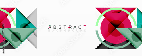 Geometric abstract design with layered triangles, circles, and gradients, forming a structured pattern with sharp contrasts and depth