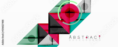 Geometric abstract design with layered triangles, circles, and gradients, forming a structured pattern with sharp contrasts and depth