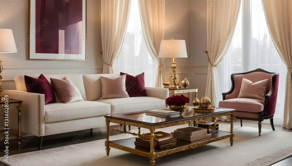 Fototapeta premium Elegant Living Room Interior with Soft Colors and Luxurious Accents