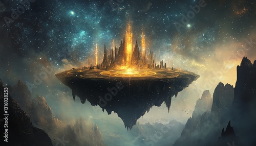 Wallpaper Mural A fiery, floating island city in a cosmic expanse.  Surreal fantasy landscape with burning towers and a star-filled sky. Perfect for sci-fi, fantasy, or cosmic artwork. Torontodigital.ca