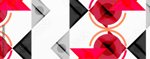 Geometric abstract design with layered triangles, circles, and gradients, forming a structured pattern with sharp contrasts and depth