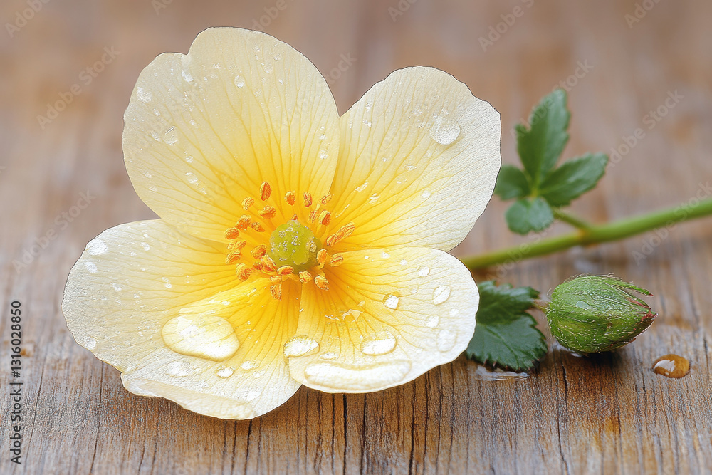 A delicate yellow flower with water droplets, resting on a textured wooden surface, showcasing nature's beauty and freshness. A delicate yellow flower with water droplets, resting on a textured wooden surface, showcasing nature's beauty and freshness.