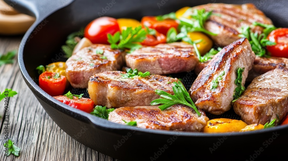 Grilled meat and colorful vegetables sizzling in a cast iron skillet on a rustic wooden table Grilled meat and colorful vegetables sizzling in a cast iron skillet on a rustic wooden table