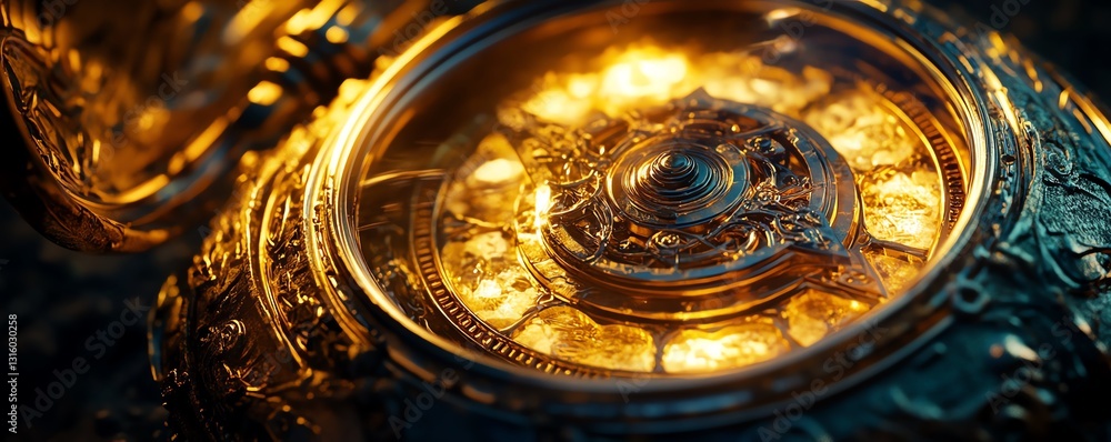 Close-up of an ornate, glowing antique pocket watch. Intricate details and warm light create a mystical, timeless feel. Close-up of an ornate, glowing antique pocket watch. Intricate details and warm light create a mystical, timeless feel.