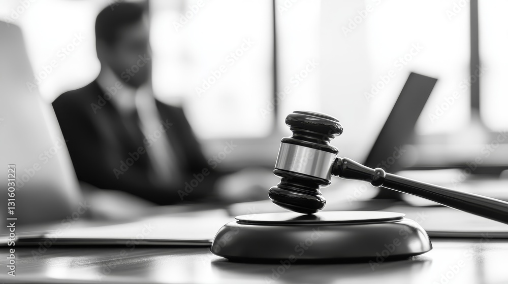 Black and white image of a gavel on a desk with a blurred lawyer in the background Black and white image of a gavel on a desk with a blurred lawyer in the background