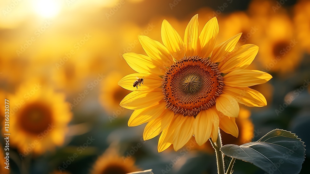 Fototapeta premium A sunlit field of blooming sunflowers with busy bees collecting pollen