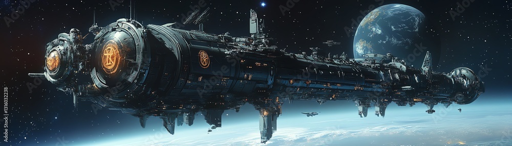 A colossal spaceship, dark and imposing, floats amidst the stars near a distant planet. Sci-fi artwork depicting interstellar travel and exploration. A colossal spaceship, dark and imposing, floats amidst the stars near a distant planet. Sci-fi artwork depicting interstellar travel and exploration.