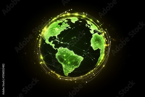 Glowing Network Connections Around a Digital Earth on Dark Background, Overlay, Texture 