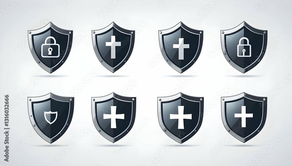 Set of Eight Shield Icons with Security and Religious Symbols Set of Eight Shield Icons with Security and Religious Symbols