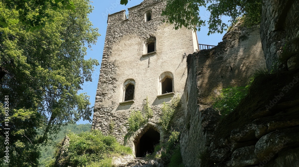 A weathered stone tower amidst lush greenery, evoking historical intrigue. A weathered stone tower amidst lush greenery, evoking historical intrigue.