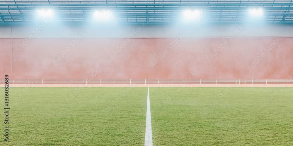 Fototapeta premium Empty indoor sports field with bright lights shining at dusk