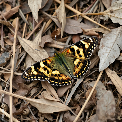 Vanessa butterfly atalanta laid on the ground among the dry leaves