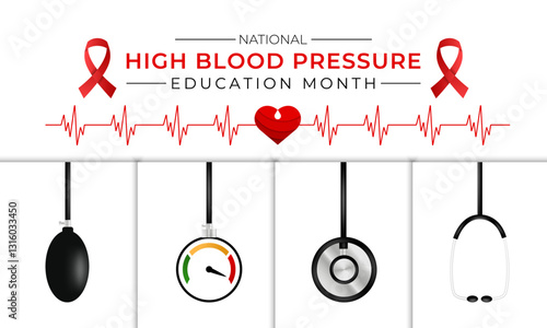 Vector art for National High Blood Pressure Education Month, promoting heart health and awareness. Hypertension is a medical condition characterized by elevated blood pressure levels. Banner poster.