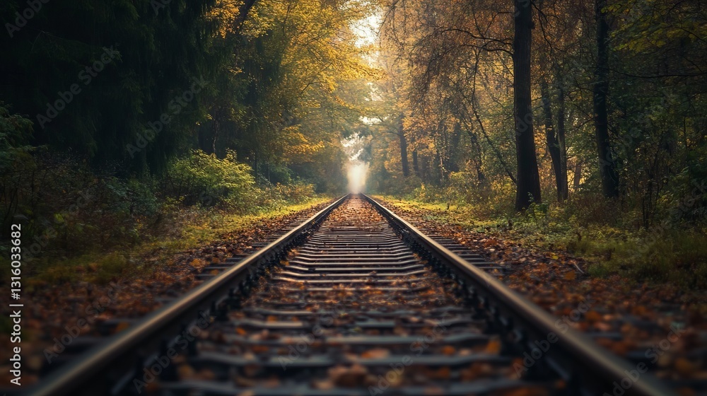 Fototapeta premium Explore the serene journey of life depicted through endless railway tracks surrounded by vibrant autumn foliage. A beautiful representation of nature's tranquility.