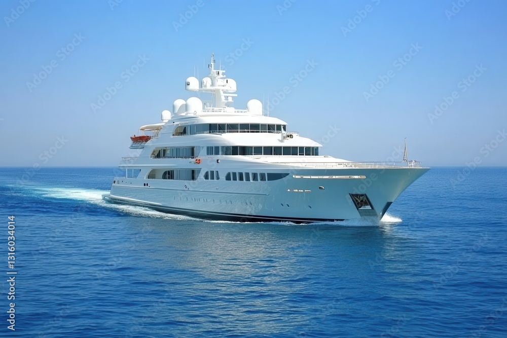 Luxurious white yacht cruising gracefully on the serene blue sea under a clear sky embodying opulence and freedom for travel lifestyle Luxurious white yacht cruising gracefully on the serene blue sea under a clear sky embodying opulence and freedom for travel lifestyle