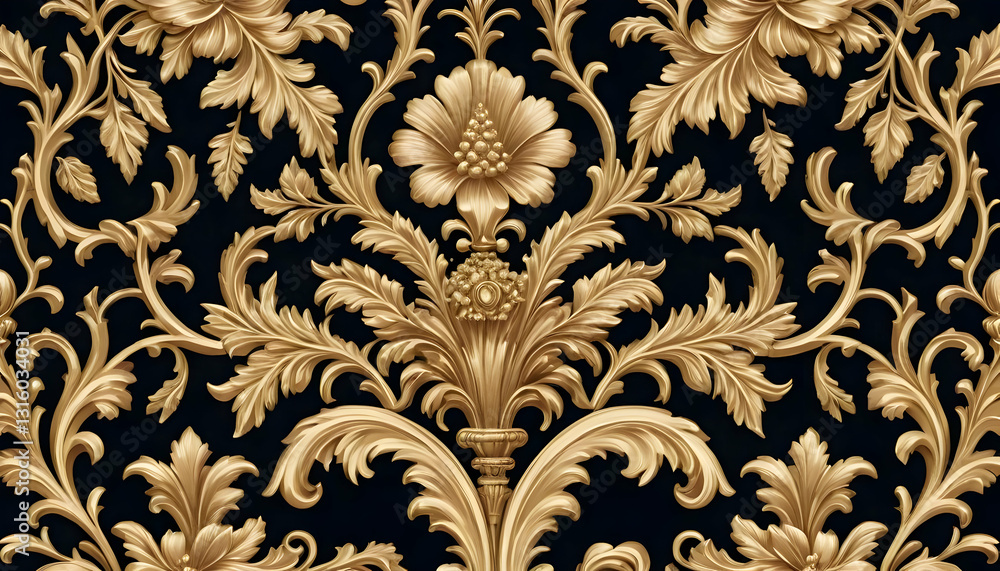 Elegant Gold Floral Pattern on Black Background for Interior Design Elegant Gold Floral Pattern on Black Background for Interior Design