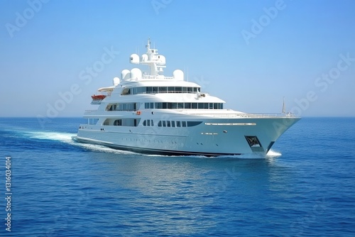 Luxurious white yacht cruising gracefully on the serene blue sea under a clear sky embodying opulence and freedom for travel lifestyle