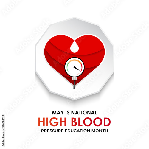 Vector art for National High Blood Pressure Education Month, promoting heart health and awareness. Hypertension is a medical condition characterized by elevated blood pressure levels. Banner poster.
