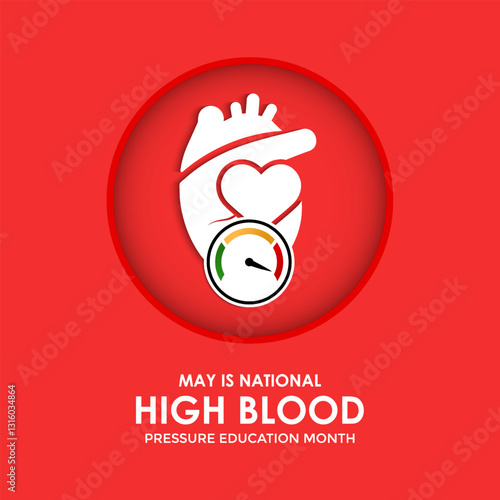 Vector art for National High Blood Pressure Education Month, promoting heart health and awareness. Hypertension is a medical condition characterized by elevated blood pressure levels. Banner poster.