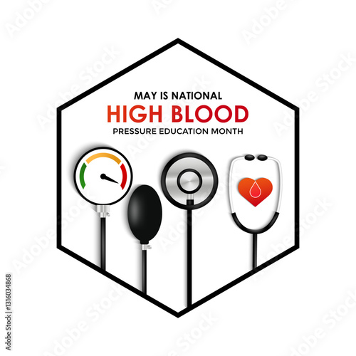 Vector art for National High Blood Pressure Education Month, promoting heart health and awareness. Hypertension is a medical condition characterized by elevated blood pressure levels. Banner poster.