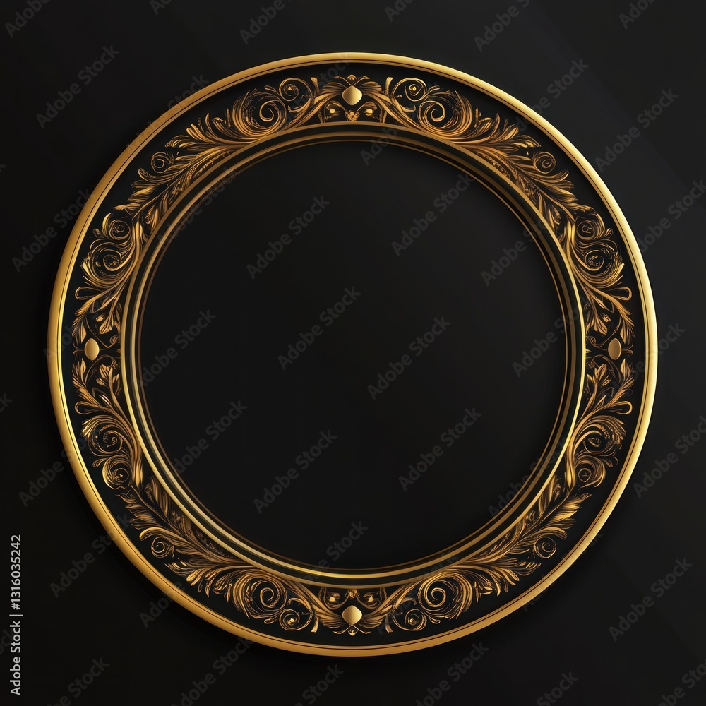 Gold ornate circular frame on black background. Gold ornate circular frame on black background.