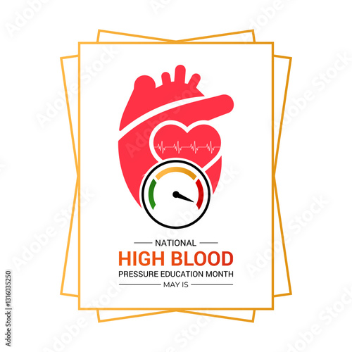 Vector art for National High Blood Pressure Education Month, promoting heart health and awareness. Hypertension is a medical condition characterized by elevated blood pressure levels. Banner poster.