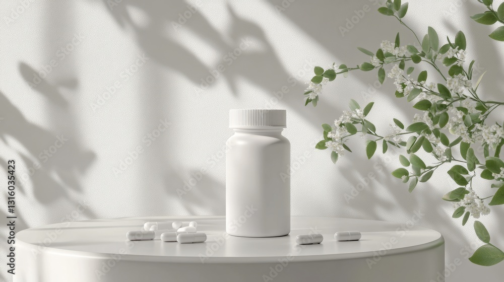 Close-up of a pill bottle slightly open, with pills neatly placed on a white minimalist table Close-up of a pill bottle slightly open, with pills neatly placed on a white minimalist table