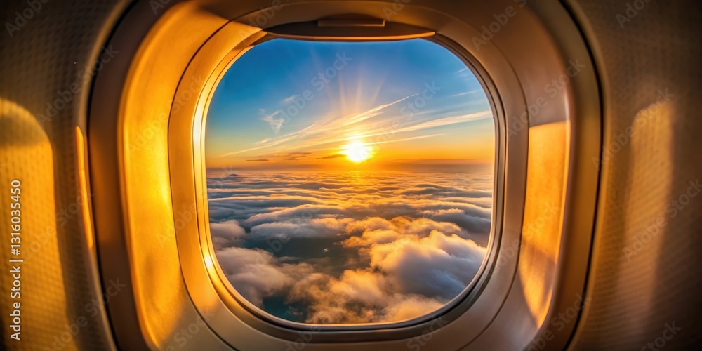 Fototapeta premium Golden Hour Above the Clouds An Aerial View from an Airplane Window at Sunrise