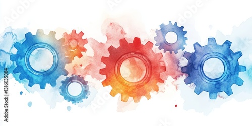 This vibrant watercolor illustration features colorful gears set against a white background, perfect for themes of technology, innovation, and teamwork.