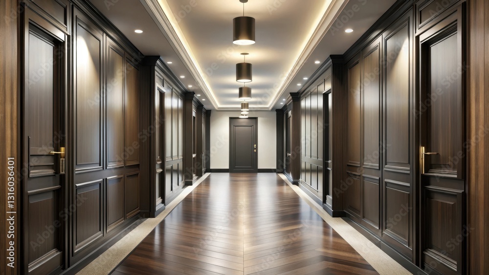 Elegant Dark Wood Hallway with Herringbone Floor and Recessed Lighting Elegant Dark Wood Hallway with Herringbone Floor and Recessed Lighting