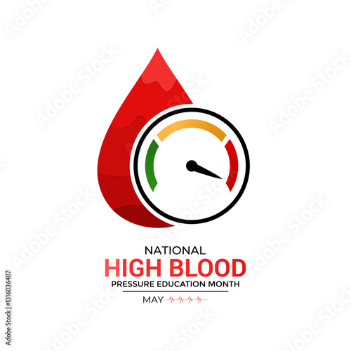 Vector art for National High Blood Pressure Education Month, promoting heart health and awareness. Hypertension is a medical condition characterized by elevated blood pressure levels. Banner poster.