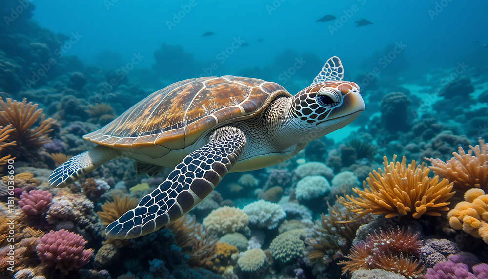 Obraz premium Majestic Sea Turtle Gracefully Swimming in Vibrant Coral Reef