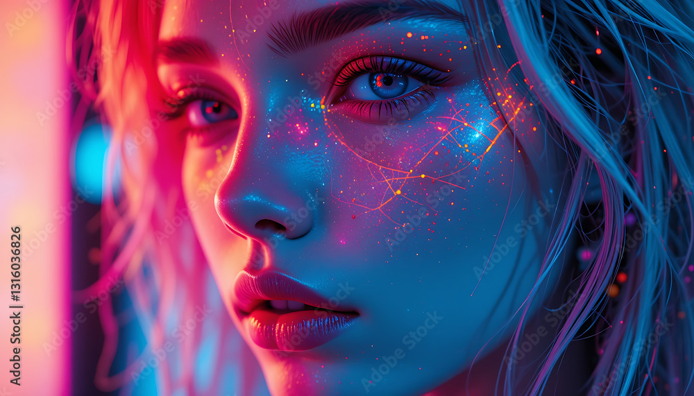 Neon Glowing Face, Cyberpunk Girl, Digital Art, AI Portrait Neon Glowing Face, Cyberpunk Girl, Digital Art, AI Portrait
