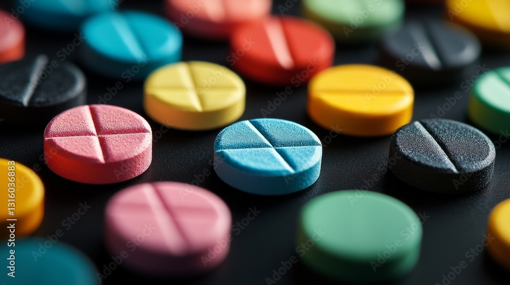Close-up of pills arranged in a geometric pattern on a minimalist dark table Close-up of pills arranged in a geometric pattern on a minimalist dark table
