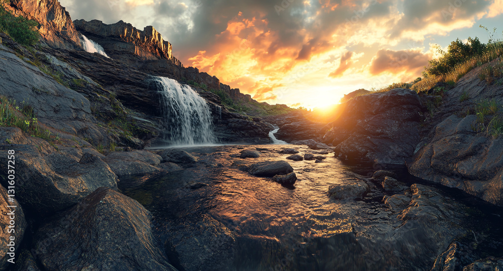 Fototapeta premium Panoramic View of Basalt Waterfall at Golden Hour, Award-Winning Photography