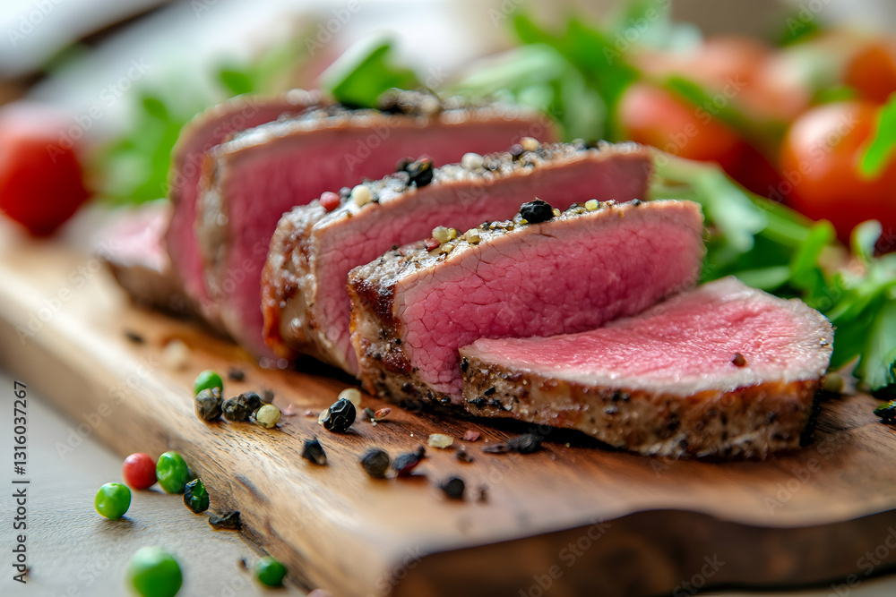 Sliced raw beef on wooden board with vegetables, Japanese and Korean cuisine concept Sliced raw beef on wooden board with vegetables, Japanese and Korean cuisine concept