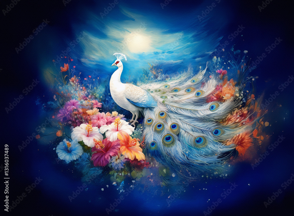 Obraz premium A majestic white peacock displays its ornate tail amongst colorful flowers. A dreamy, dark blue background with a soft, bright light enhances the scene.
