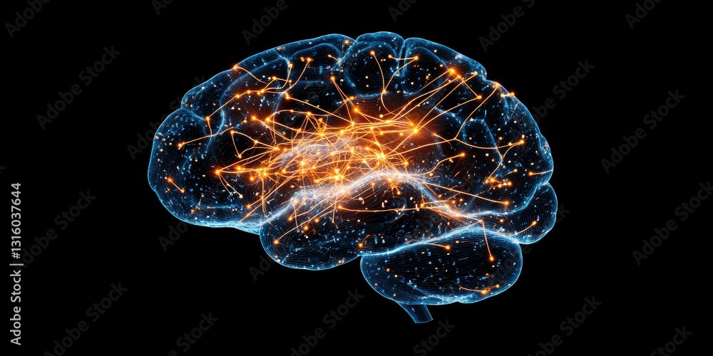 Digital Representation of a Brain with Glowing Neural Connections in a Dark Background Digital Representation of a Brain with Glowing Neural Connections in a Dark Background
