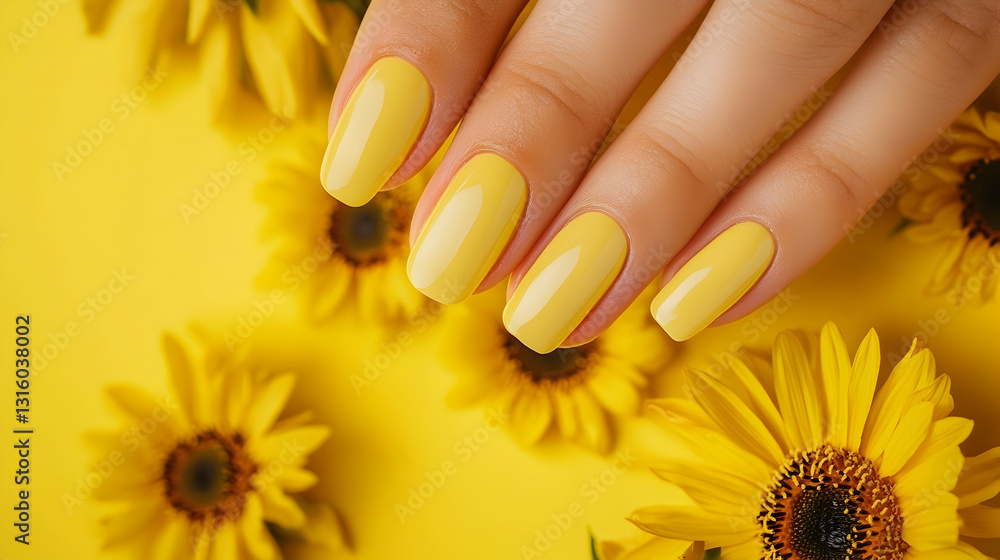 Close-up of a yellow sunflower manicure on a colorful background, nail art beauty concept Close-up of a yellow sunflower manicure on a colorful background, nail art beauty concept