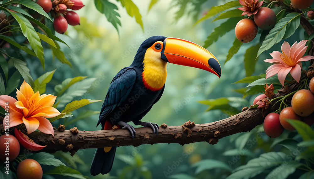 Obraz premium Vibrant Toucan in Lush Rainforest: Stunning High-Resolution Image