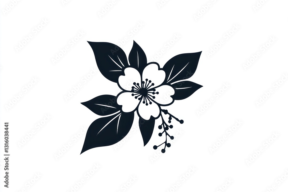 Fototapeta premium Simple black flower graphic, white background, design element